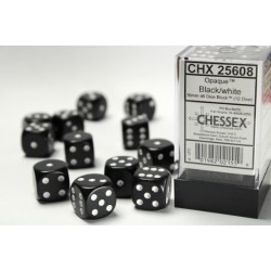 CHESSEX OPAQUE 16MM D6 WITH PIPS DICE BLOCKS (12 DICE) - BLACK W/WHITE