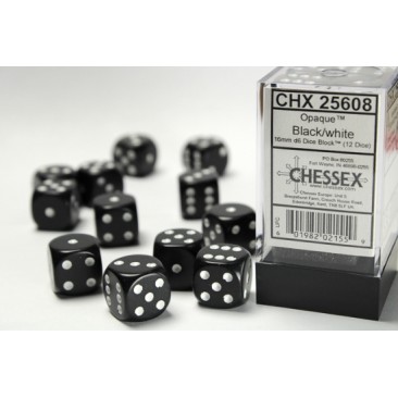 CHESSEX OPAQUE 16MM D6 WITH PIPS DICE BLOCKS (12 DICE) - BLACK W/WHITE