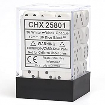 Opaque 12mm d6 with pips Dice Blocks (36 Dice) - White/black