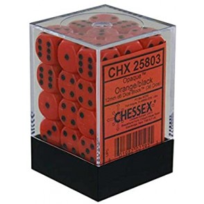CHESSEX OPAQUE 12MM D6 WITH PIPS DICE  (36 DICE) - ORANGE W/BLACK