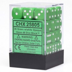 Opaque 12mm d6 with pips Dice Blocks (36 Dice) - Green/white