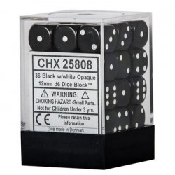 CHESSEX OPAQUE 12MM D6 WITH PIPS DICE  (36 DICE) - BLACK W/WHIT