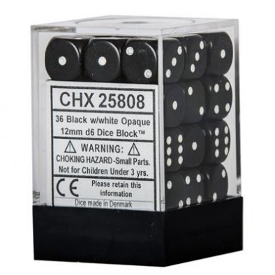 CHESSEX OPAQUE 12MM D6 WITH PIPS DICE  (36 DICE) - BLACK W/WHIT