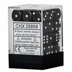 Opaque 12mm d6 with pips Dice Blocks (36 Dice) - Black/white