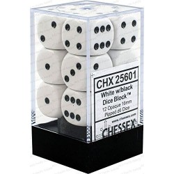 CHESSEX OPAQUE 16MM D6 WITH PIPS DICE  (12 DICE) - WHITE W/BLACK