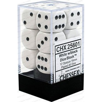 CHESSEX OPAQUE 16MM D6 WITH PIPS DICE  (12 DICE) - WHITE W/BLACK