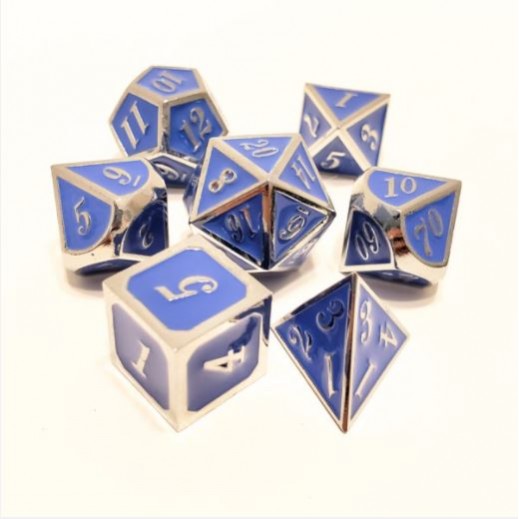 Metal & Enamel Dice Set (7pcs) Azure & Silver