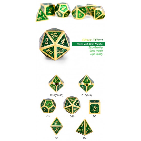Metal & Enamel Dice Set (7pcs) Green Glitter