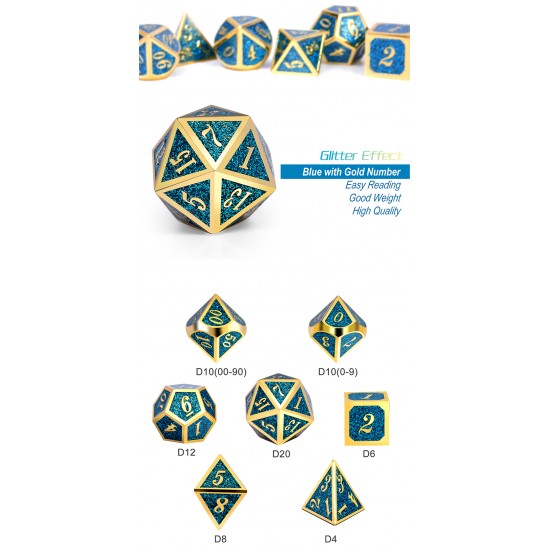 Metal & Enamel Dice Set (7pcs) Teal Glitter