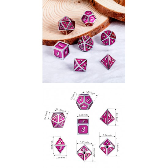 Metal & Enamel Dice Set (7pcs) Magenta & Silver