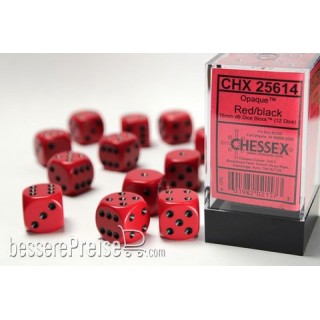 CHESSEX OPAQUE 16MM D6 WITH PIPS DICE BLOCKS (12 DICE) - RED W/BLACK