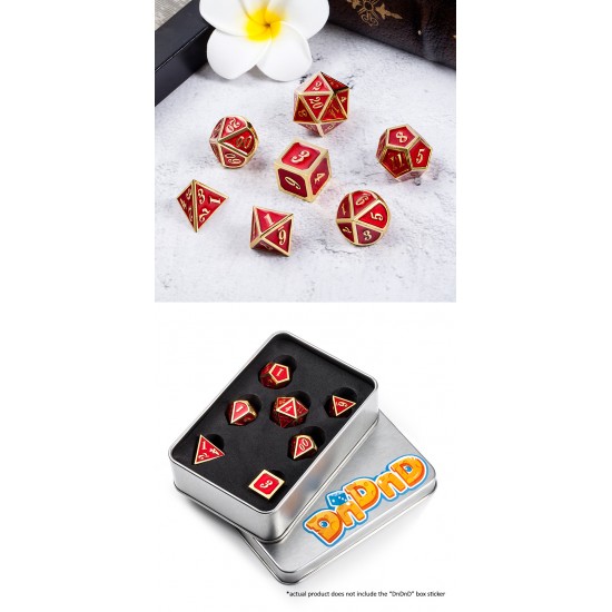 Metal & Enamel Dice Set (7pcs) Red & Gold