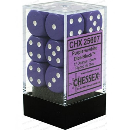 CHESSEX OPAQUE 16MM D6 WITH PIPS DICE BLOCKS (12 DICE) - PURPLE W/WHITE