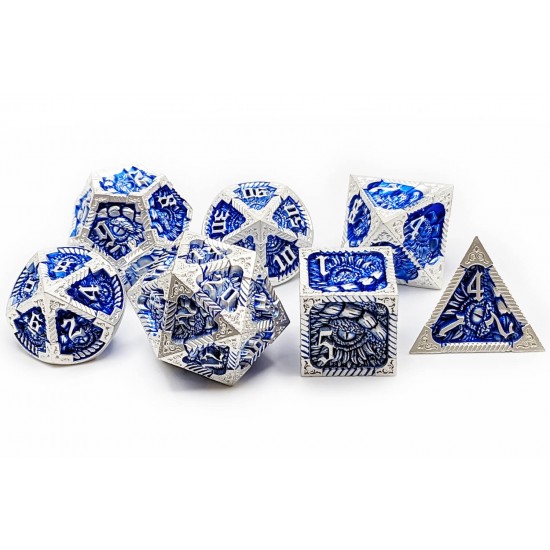 Metal Dice Set Epic Dragon  Silver And Blue Premium