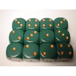 CHESSEX OPAQUE 16MM D6 WITH PIPS DICE BLOCKS (12 DICE) - DUSTY GREEN W/COPPER