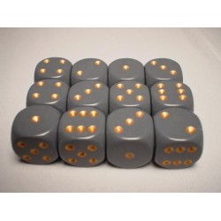 CHESSEX OPAQUE 16MM D6 WITH PIPS DICE BLOCKS (12 DICE) - DARK GREY W/COPPER