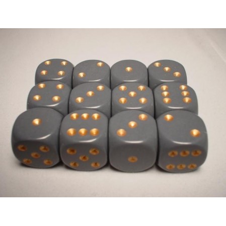 CHESSEX OPAQUE 16MM D6 WITH PIPS DICE BLOCKS (12 DICE) - DARK GREY W/COPPER