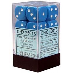 CHESSEX OPAQUE 16MM D6 WITH PIPS DICE (12 DICE) - LIGHT BLUE W/WHITE
