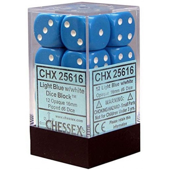 CHESSEX OPAQUE 16MM D6 WITH PIPS DICE (12 DICE) - LIGHT BLUE W/WHITE